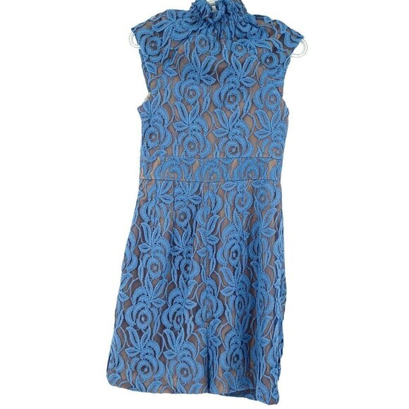 Eva Franco Blue Lace Sheath Dress Women's 6 Mini Pleated Party Formal Event - Picture 3 of 11